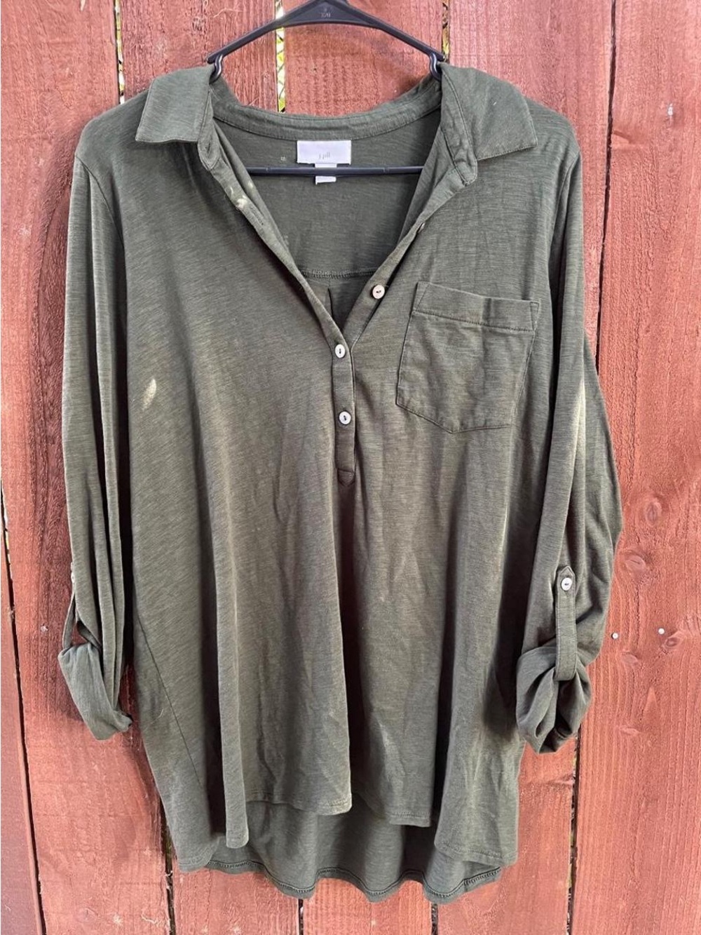 J.Jill Olive Green Relaxed Fit Henley Roll Tab Sleeve Tunic Tee Minimalist Sz M